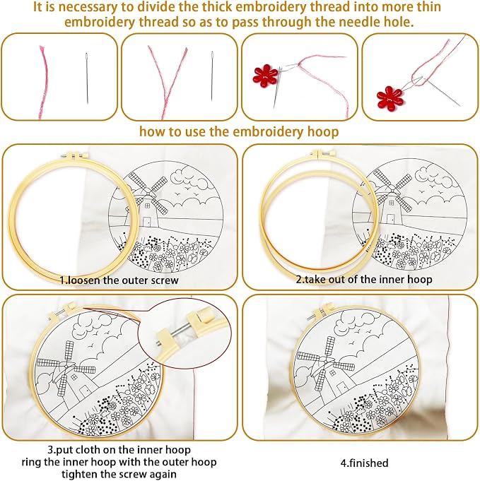 BEUNITONE 4 Set Embroidery Kits for Beginners, Pink Scenery Design with Pre-Stamped Pattern Craft Kits Include Instruction and Hoops, 7.9"x7.9" Needlepoint Kits for Festival Gifts and Home Decor