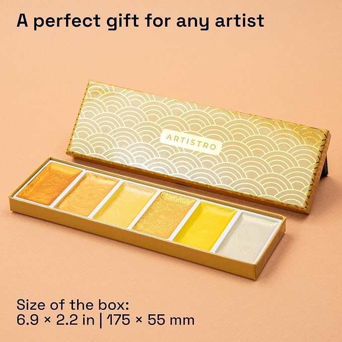 ARTISTRO Professional Metallic Watercolor Paint Set for Adults - 6 Pigment-Rich Gold Colors, XL Pans, ASTM-I Lightfastness, High Tinting Strength Watercolor Set for Professionals made by professionals