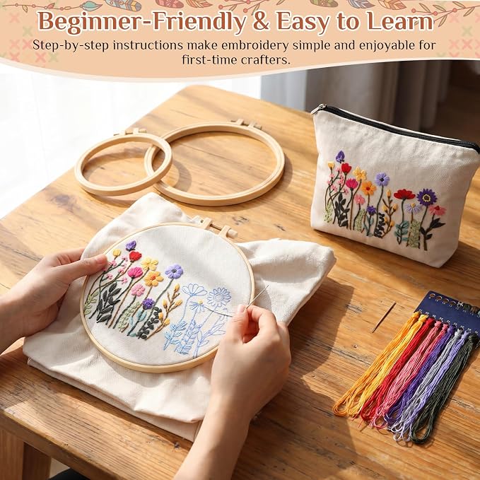 SilTriangle Embroidery Kit for Beginners Canvas Tote Bag Makeup Bag Set Cross Stitch Kits Floral Flower for Adults, Arts Crafts Needlepoint Women Shopping Reusable Bags