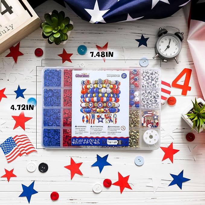 Gionlion 4th of July Decorations Bracelet Making Kit with Patriotic Letter Beads, Red White and Blue Clay Beads for Independence Veterans Day Party Favors, DIY Gifts with America Flag