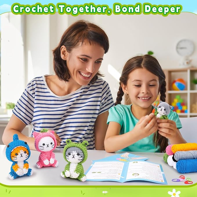 Fortuning's JDS Crochet Kit for Beginners, 3 PCS Crochet Animal Kits | w/ Step-by-Step Video Tutorials, Beginner Crochet Kit for Adults, Cat Dressed as Shark Frog Strawberry