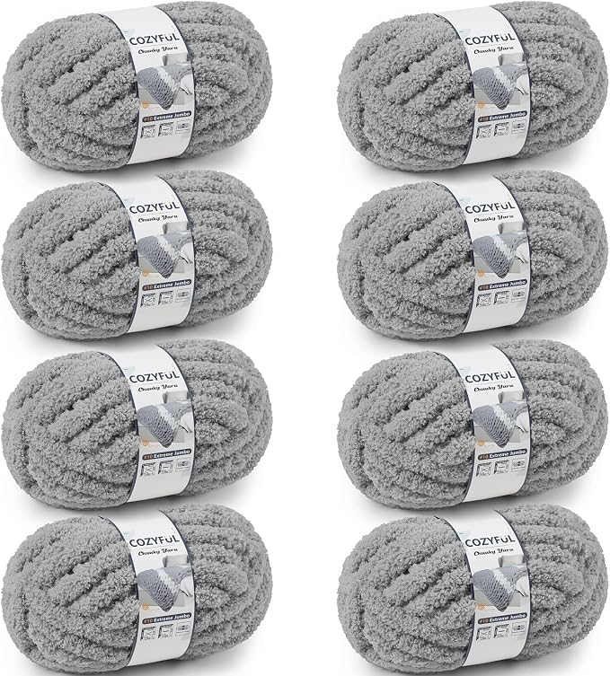 Cozyful Chunky Yarn for Hand Knitting - #10 Chunky Chenille Yarn, Jumbo Big Thick Chunky Yarns for Crocheting, Super Bulky Chunky Knit Blanket Yarns, 8 Skein (22 yds 8 oz Each Skein), Light Grey