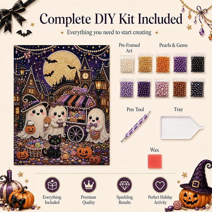 DIY Christmas Pearl Diamond Painting Kit, 5D Pearl Art Craft for Adults and Beginners, Christmas Church and Jesus Wall Decor, Holiday Gifts, 12 x 16 Inch (Halloween Design C)