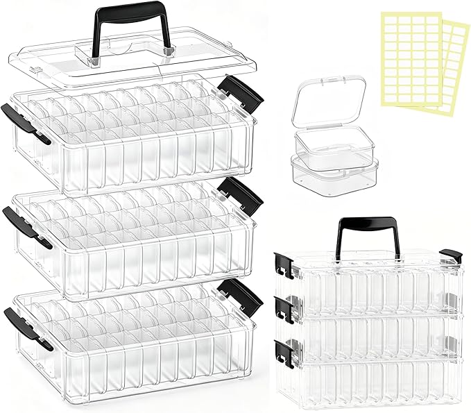 3-Tier Large Capacity Stackable Bead Organizer Box 90 Pcs, Portable Plastic Craft Storage Containers for Jewelry Making, Bracelets, DIY, Nail Art Charms