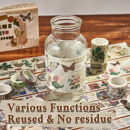 Vintage Washi Tape Set 24 Rolls,Decorative Masking Tape for Junk Journal,Scrapbooking Supplies,DIY Crafting Supplies