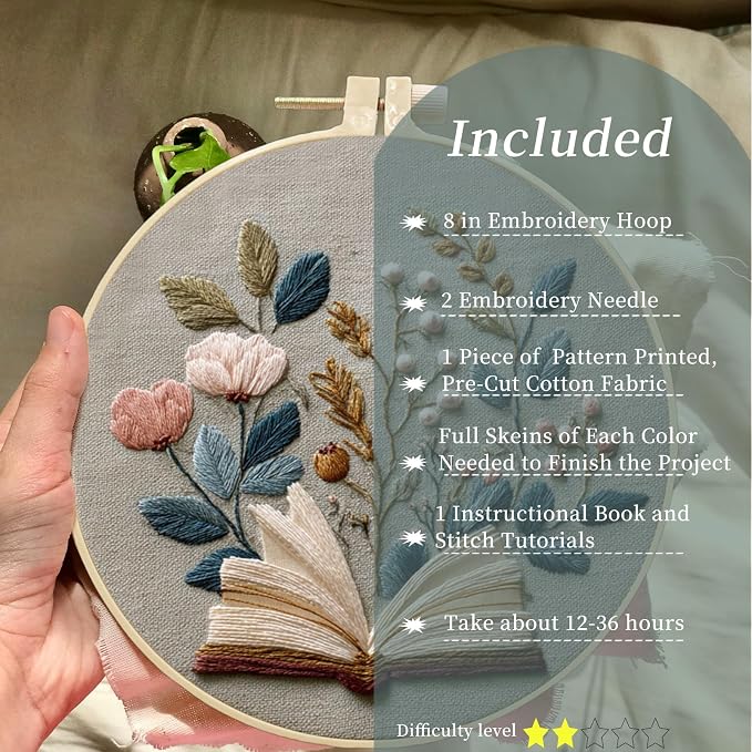 FONNUY Embroidery Kit for Beginners, Flower Book Pre-Stamped Pattern Kits for Adults with Hoop, Cross Stitch Easy to Follow Color Thread Needlework, 8'' Hoop (Brown)