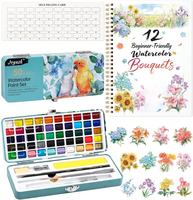Watercolor Workbook, Water Coloring Book, 12 Different Patterns of Original DIY Designs, 50 Colors Watercolor Paint Set with Palette and Brush, Beginner-Friendly Watercolor Workbooks (Bouquets)