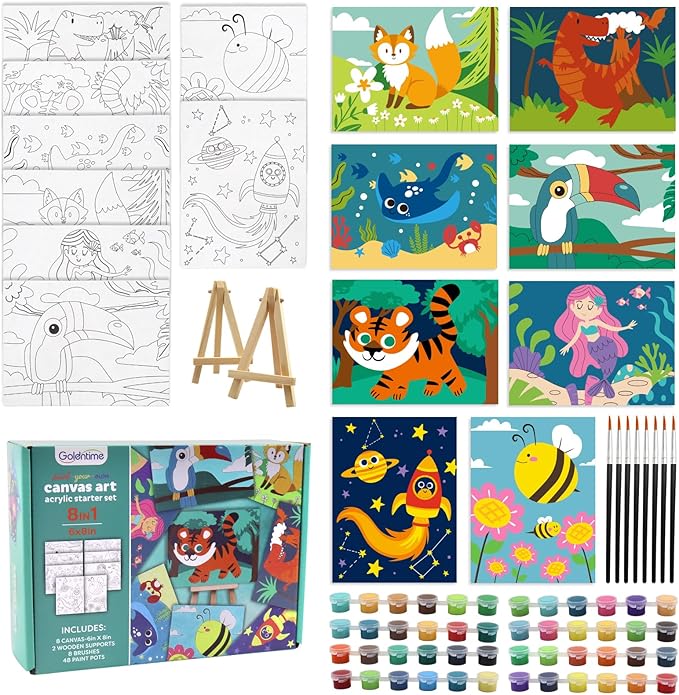 goldentime 8 Packs Predrawn Canvas for Painting Kids Painting Canvas for Kids Painting Kits for Kids 4-8, 48 Paints, 8 Brushes 2 Easels, 8 6x8 Printed Canvas to Paint for Girls Boys and Beginners