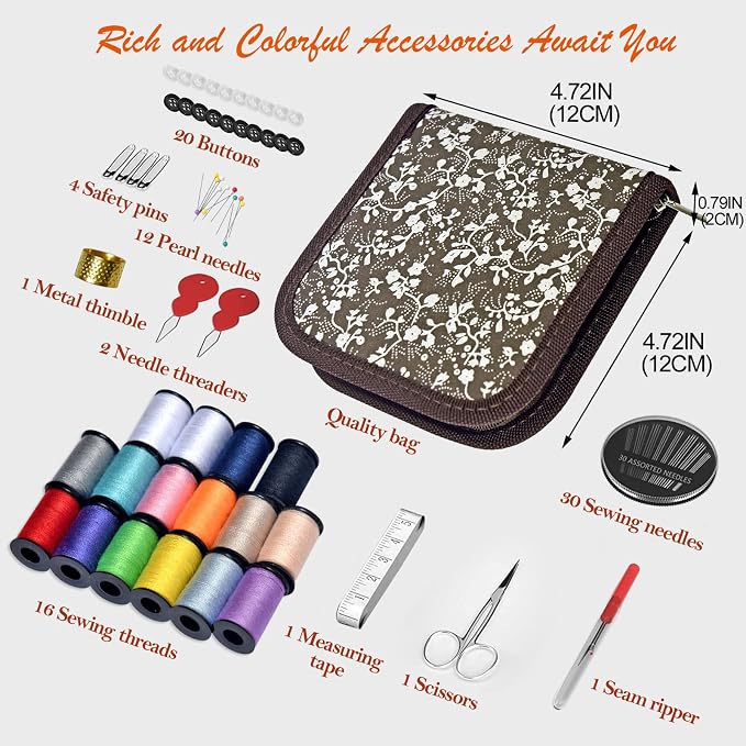Sewing Kit Gifts for Grandma, Mom, Friend, Traveler, Adults, Beginner, Emergency,Sewing Supplies Accessories with Scissors,Sewing Needles Thimble, Thread,Tape Measure etc(Wildflower Brown, S)