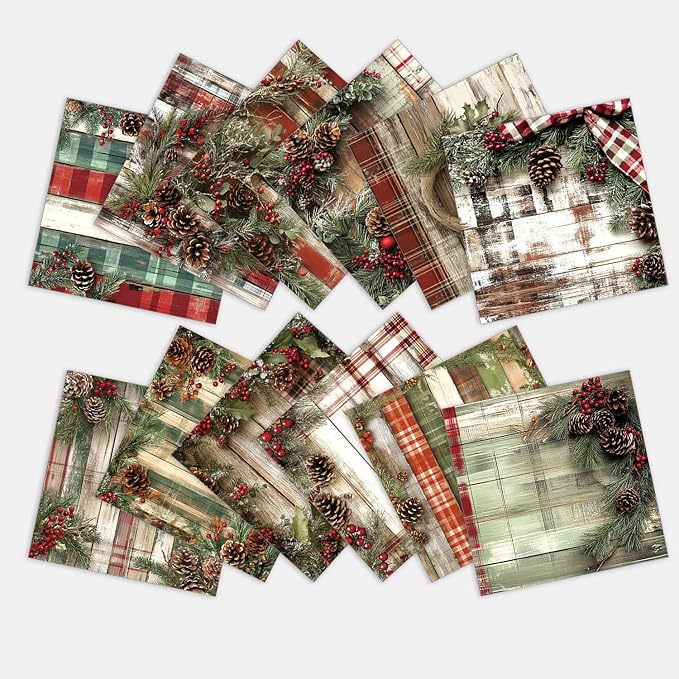 Vintage Christmas Scrapbooking Paper Pad, 24 Sheets 6-in Pinecone Aesthetic Patterned Decorative Material for DIY Art Crafts Collage Xmas Journals Decoupage Folded Gift Cards Photo Album