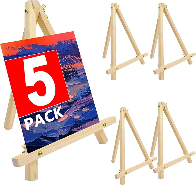 5 Pack 9" Wood Easels, Tabletop Tripod Stand for Painting Party & Crafts | Wood tripod art easels for painting, crafts, sign & photo display; portable mini tabletop stand for party, classroom