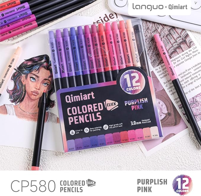 languo Mechanical Colored Pencils, 12PCS Purplish Pink Colors & Sharpener