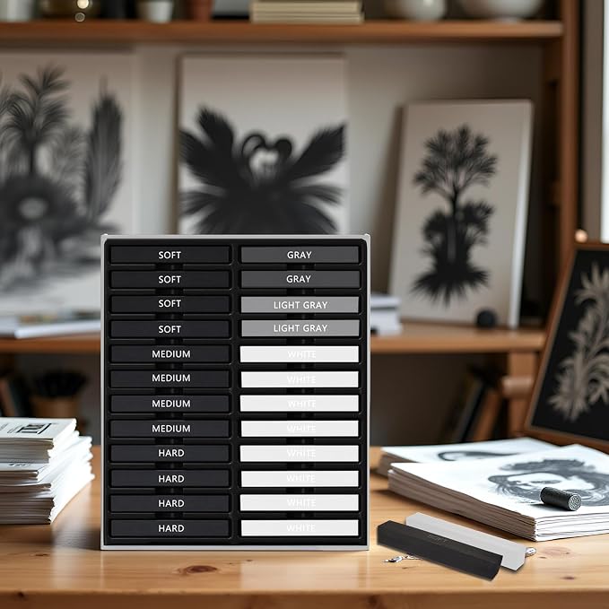 24 Pcs Compressed Charcoal Sticks with Soft, Medium, Hard and White Charcoal, Square Charcoal Stick Kit for Drawing, Sketching and Shading (12 Black + 4 Gray + 8 White)