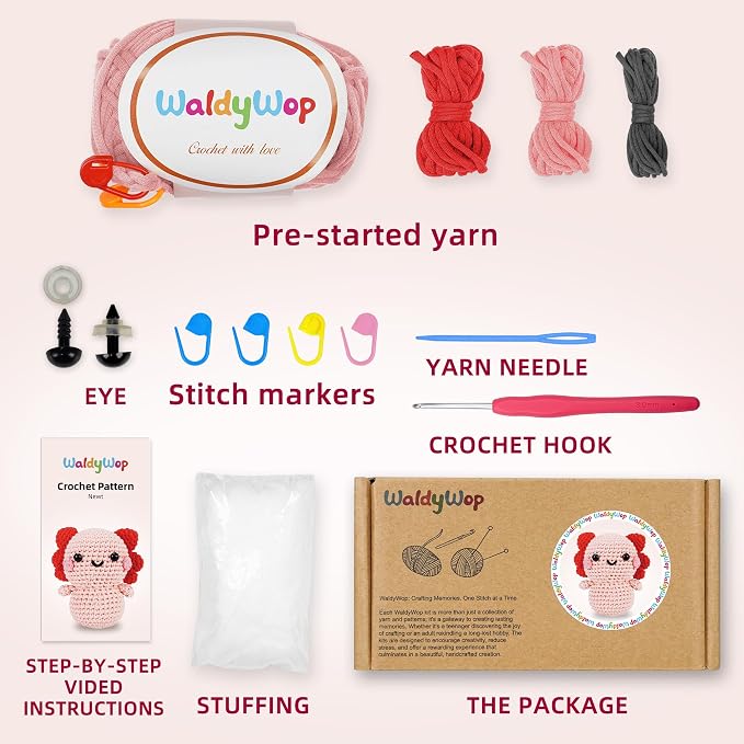WaldyWop Crochet Kit for Beginners Adults, Wobbles Crochet Animal Kit, Complete Starter Knitting Set w/Step-by-Step Video Tutorials, Easy Yarn (Extra 40%), Hook - DIY Craft Kits, Gifts for Women