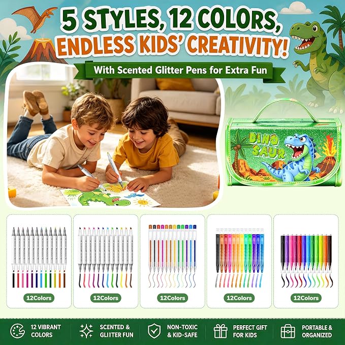 DreamyCandy 72 Pcs Washable Markers Set for Kids 4-8, Dinosaur Art Set Gift