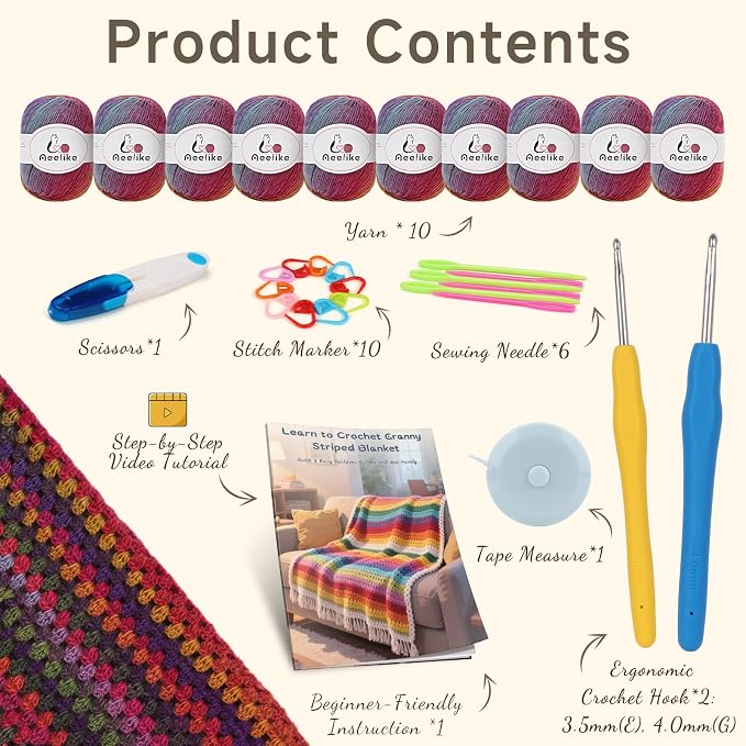 Aeelike Crochet Blanket Kit for Adults Advanced,Boho Vintage Blanket Craft
