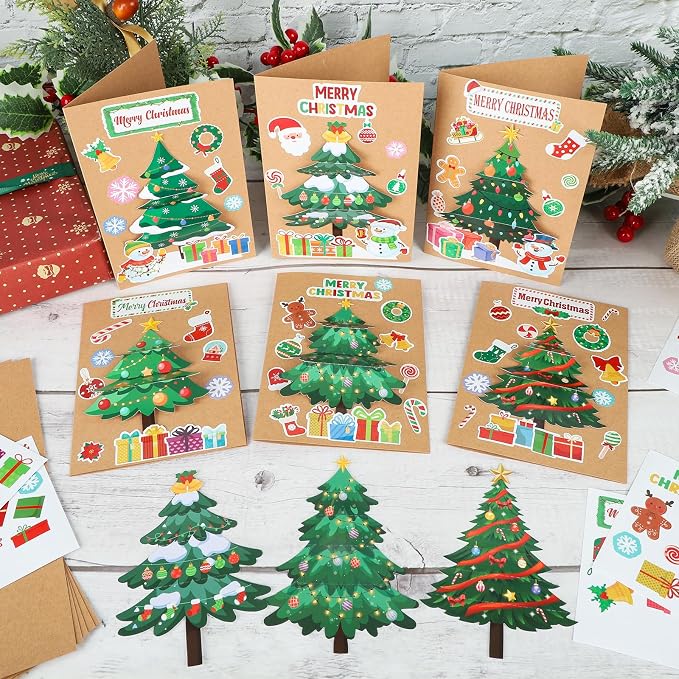COCHIE 24 Sets Christmas Card Making Kits 3D Christmas Tree Card Making Craft Kits for Kids Holiday Greeting Cards Bulk for Home Classroom Activities