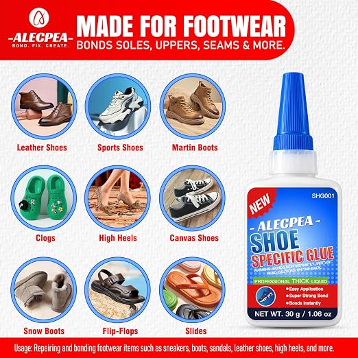 ALECPEA Shoe Glue for Sole Repair, Thick Clear Adhesive, 30g with 3 Tips