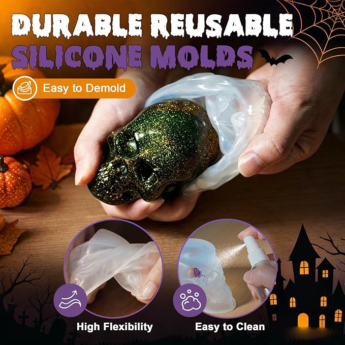 HeyClear 3D Skull Resin Molds Silicone, 4 PCS Epoxy Resin Molds for Crafts | for Halloween Decorations, Gothic Home Decor, Soap, Candle Casting