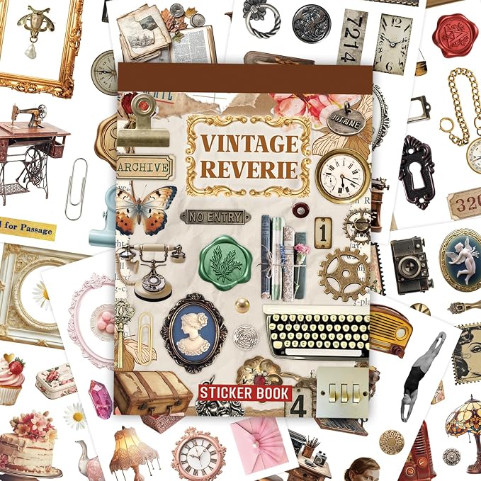 PRSTINCOL Vintage Sticker Book with 30 Pages and 300+ Aesthetic Stickers for Scrapbooking Supplies and Retro Bullet Journal