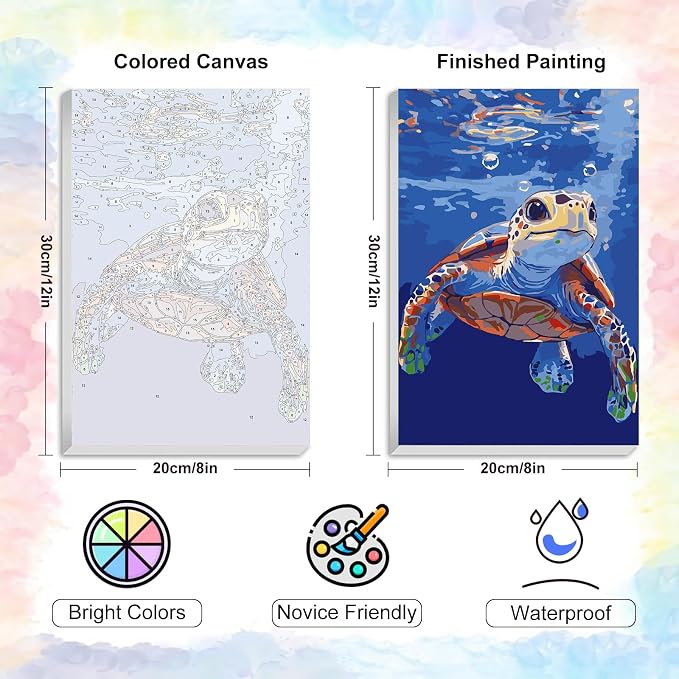 Sea Turtle Framed Paint by Numbers Kit for Adults Beginner & Kids Ages 8-12 | With Frame Canvas 8x12 inch, DIY Acrylic Painting by Numbers Sea Turtle, Stress Relief Craft Kits, Home Wall Decor Gift