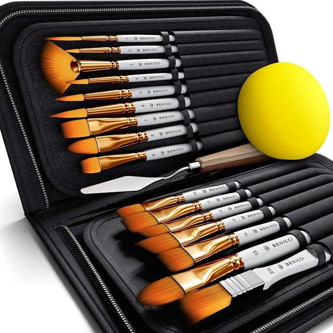 Acrylic Paint Brush Set of 16, Artist Paint Brushes for Acrylic Painting | Organizing Case, Spatula Palette Knife and Sponge Included, Ready for Watercolor and Oil, for Adults and for Beginners