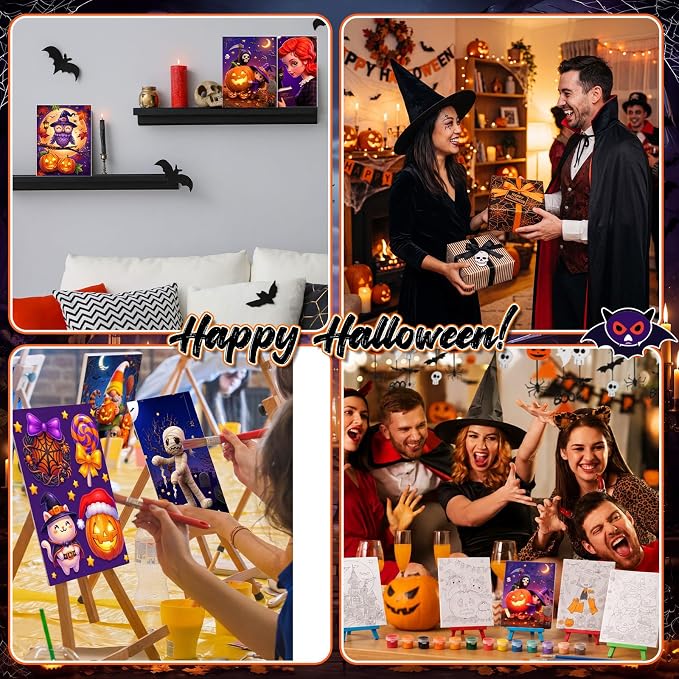 Blosssound 24 Pack Cute Halloween Pre Drawn Canvas to Paint Pre Printed Canvas Painting Kits with Easel Paint Pots Brushes Stretched Panels Bulk for Adult Party Student Beginner Birthday DIY