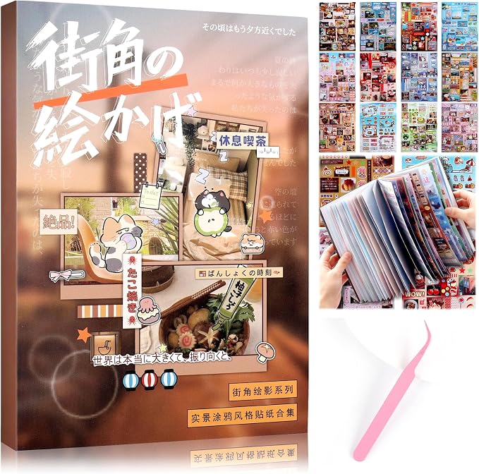 Tmtains 1000+Pcs Japanese Sticker Book for Scrapbook 30 Sheets Heisei Retro Style Korean Stickers for Journaling Aesthetic Japanese Sticker Book for Adults DIY Crafts Junk Journal (Street Corner Art)
