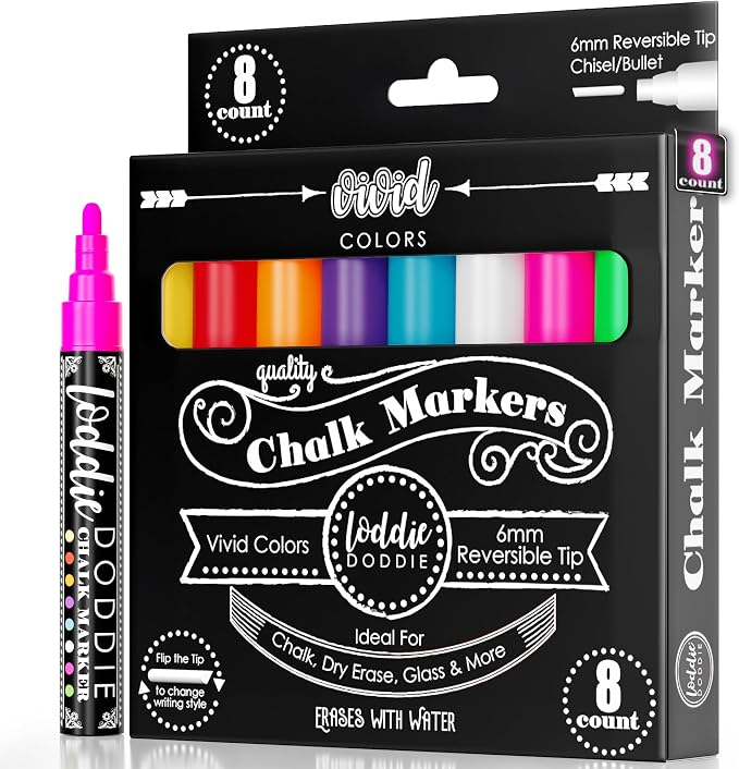 Loddie Doddie Liquid Chalk Markers, Chalkboard Markers, Dual Tips, 8 Pack | Classroom & Office Labels, Glass Markers for Windows, Non-Toxic Low Odor, Vivid Colors, Chalk Markers for Blackboard