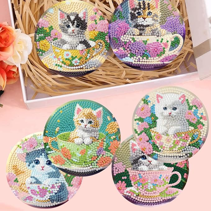 8 Pack Diamond Art Coasters Kits - Cute Cat Diamond Painting Coasters