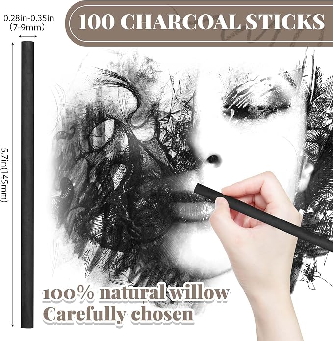 Gueevin 100 Pcs Soft Willow Charcoal Sticks Drawing,7-9mm | For Artists Beginners Students, Vine Charcoal Bulk for Sketching Shading Fine Art, Assorted Sizes, Back to School Gifts