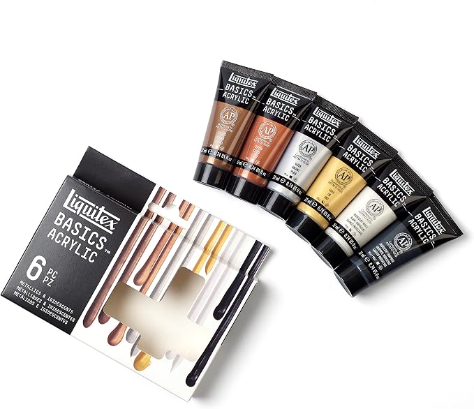 Liquitex BASICS Acrylic Paint Set, 6 x 22ml (0.74-oz) Tubes, Metallics | Medium Viscosity, Satin Finish, Lightfast, Fine Art Pigments, Range of Opacities, Easy Blending