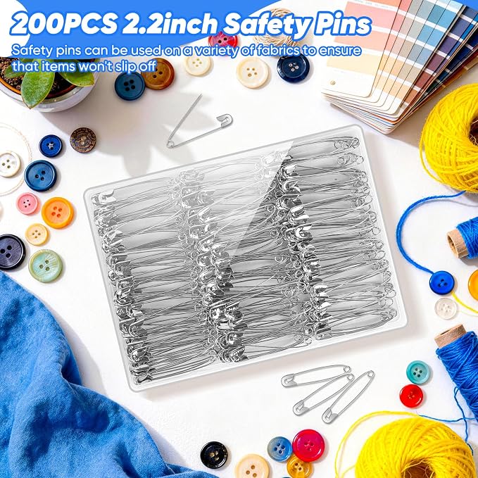 Huhuhero 200PCS Large Safety Pins, 2.2 Inches Heavy Duty for Clothes Sewing