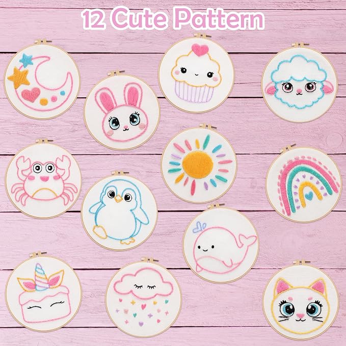 Louise Maelys Embroidery Kit for Beginners, 12 Packs Pre-Printed DIY Sewing Craft Kit,Kids Girls Cross Stitch Kit with Hoop, Threads, Needles and Scissors, Cute Animal & Cartoon Patterns, Ages 8+