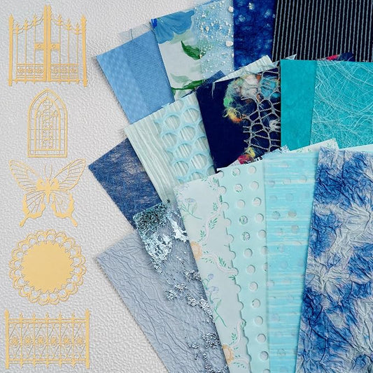 50 Sheets Unique Handmade Textured Scrapbook Paper & Mesh Fabric Set - Junk Journal Supplies Craft Paper for Scrapbooking Journaling Supplies for Junk Journal Retro Crafts（Blue）