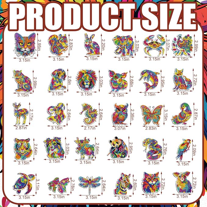 Remuuly 30 Pcs Animal Diamond Painting Magnets Diamond Art Kits for Adults | Colorful Animal Refrigerator Magnets, Tiger 5D Rhinestone Fridge Magnetic Sticker, Diamond Club Gifts, Beginner DIY Crafts