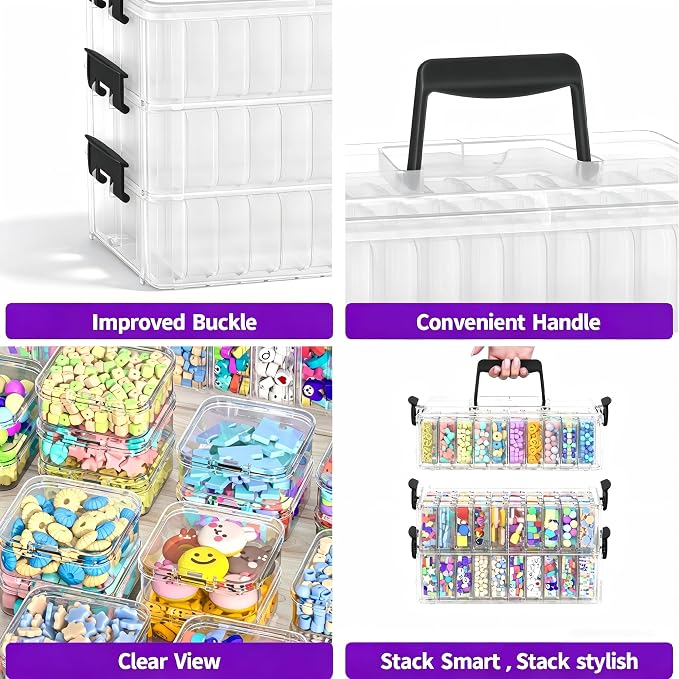 3-Tier Large Capacity Stackable Bead Organizer Box 90 Pcs, Portable Plastic Craft Storage Containers for Jewelry Making, Bracelets, DIY, Nail Art Charms