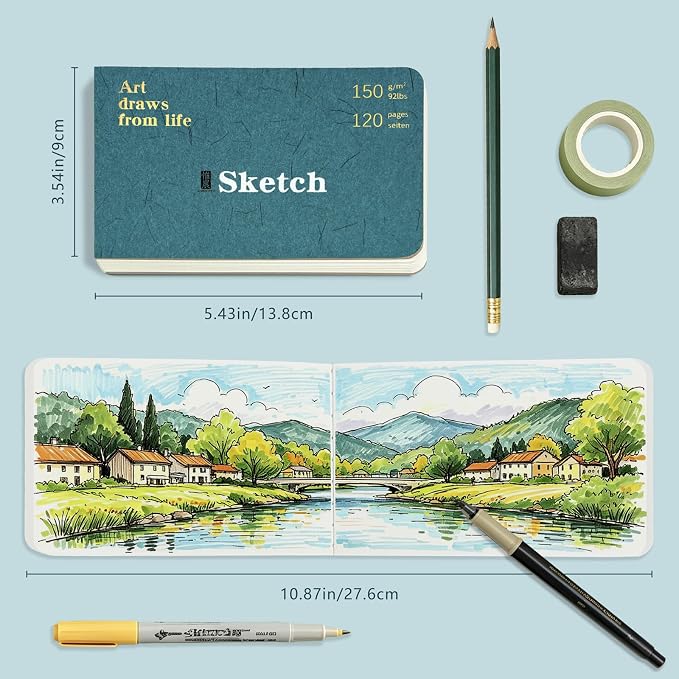 Hardcover Pocket Sketchbook, 3.5" x 5.4" Mini Small Travel Drawing Journal, 92lb/150gsm Heavyweight Paper, 120 Pages Blank Sketch Book for Adults Artists Mixed Media, Ideal Gift,Blue Green