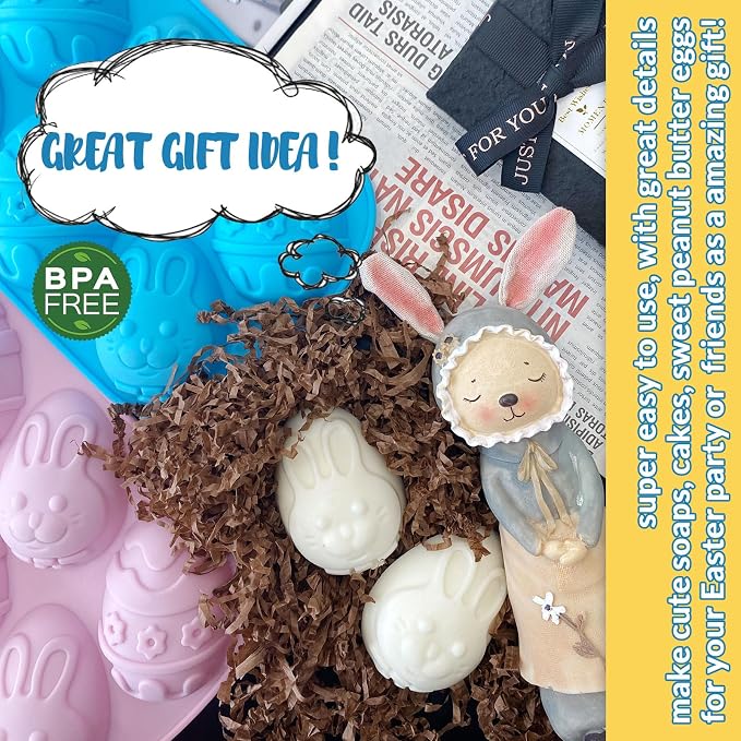 Egg Shape Silicone Molds 3.5 Inch, 2-Pack Chocolate Baking Holiday Easter Mould, Non-Stick BPA Free, Kid-Friendly Soap Mold Rabbit & Floral Designs, Blue & Pink