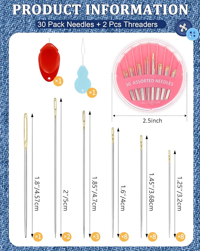 30-Count Steel Sewing Needles for Hand Sewing, 6 Sizes Large Eye Embroidery and Hand Quilting Needles Kit with Threaders for Art & Craft Projects（Pink）
