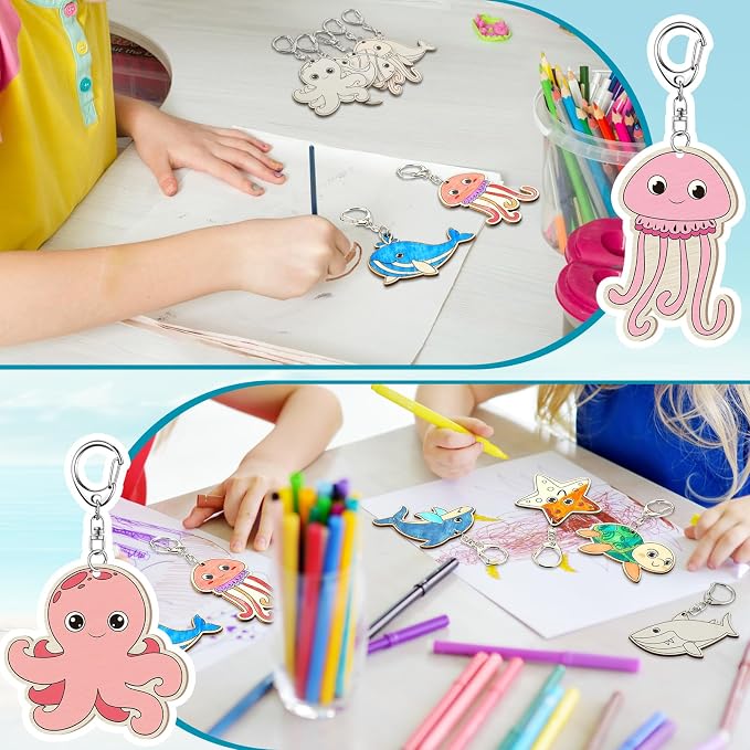 Trnayi 36 Pcs Sea Life Unfinished Wood Keychain Color Your Own DIY Craft | Sea Life Wooden Keychains, Color Your Own Unfinished Crafts, Blank Wood Painting DIY Crafts, for Home Activities Art Project
