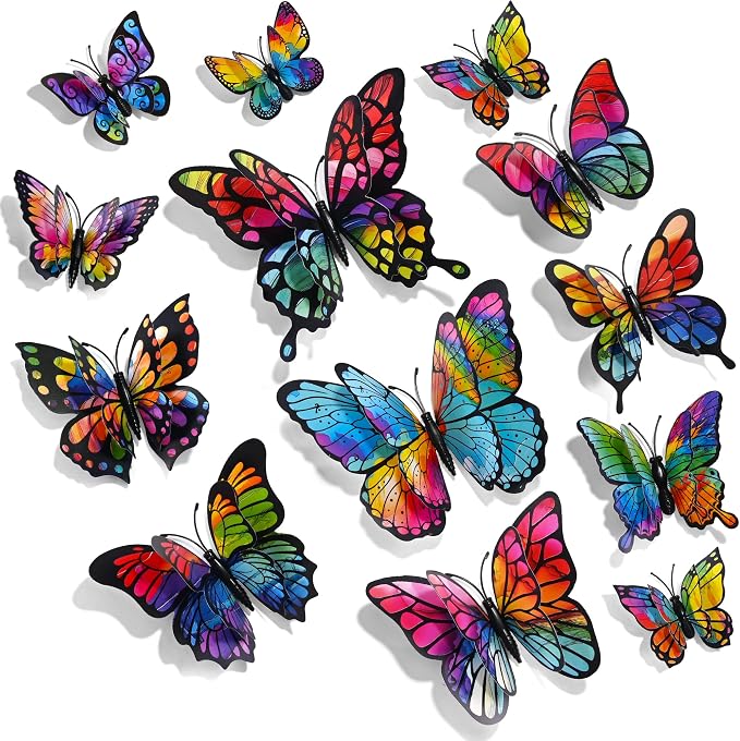SAOROPEB 3D Butterfly Wall Decor, 24 Pcs Rainbow Butterfly Decorations