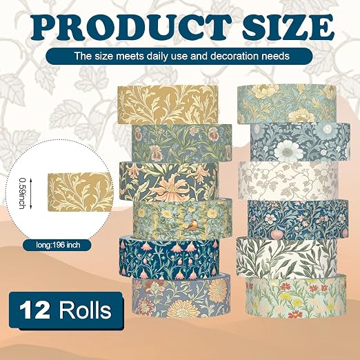 12 Rolls Floral Washi Tape Set,Earthy Tones,William Morris | Watercolor Flowers Design for Scrapbook Journal DIY Craft School Supplies, 15 mm Vintage Decorative Masking Washi Tapes