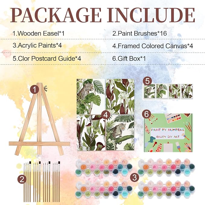 Qoosea Paint by Numbers Kit for Adults with Framed Canvas 4 Pack | Leopard Paint by Number Arts Kits for Beginner with Wooden Easel, Acrylic Set, Brushes for Home Decor, 9*12 Inch