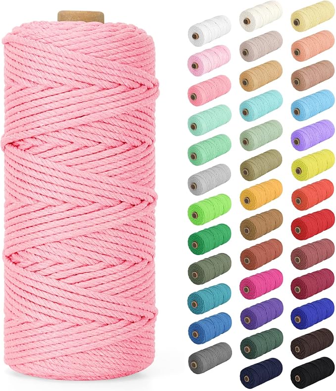 Macrame Cord 3mm x 109Yards (328Feet), Natural Cotton Macrame Rope - 4 Strands Twisted Macrame Cotton Cord for Wall Hanging, Plant Hangers, Crafts, Gift Wrapping and Wedding Decorations, Dark Pink