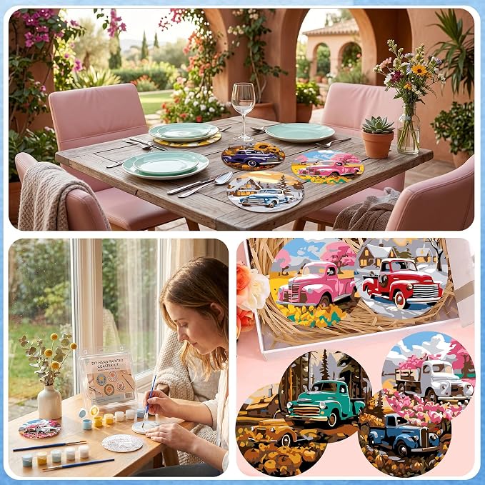 8 Pack All Season Paint by Numbers Kits Coasters with Holder Cork Pads | Truck Paint by Number Kits for Adults Simple Round Oil Painting Coaster for Small DIY Craft Holiday Birthday Gift 3.9x3.9in