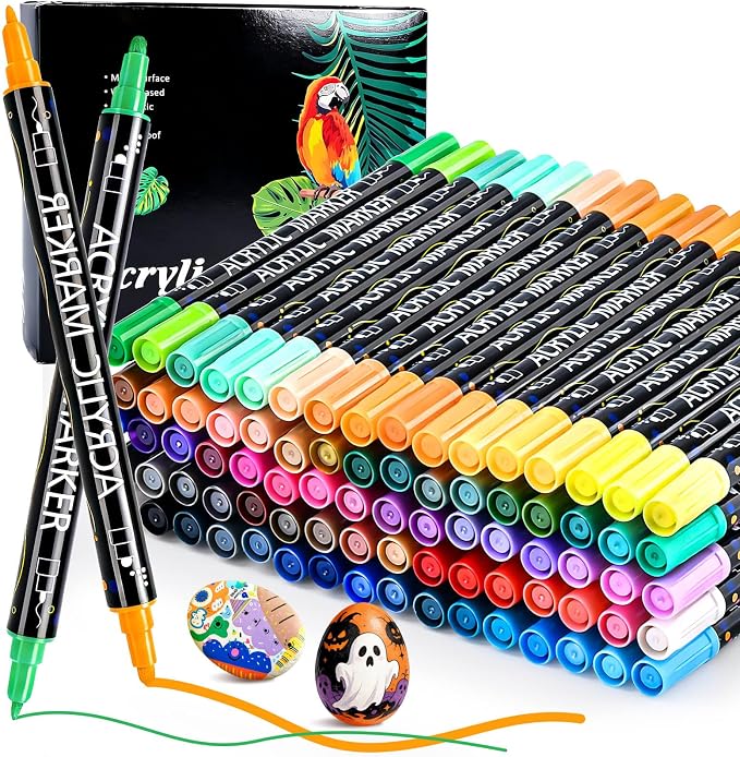 80 Colors Acrylic Paint Markers Set, Dual Tip Acrylic Paint Pens, Fine Tip and Dot Tip Colored Markers Pens for Rock, Stone, Glass, Fabric, Canvas, Christmas Gifts for Teens, Art Painting Supplies Kit