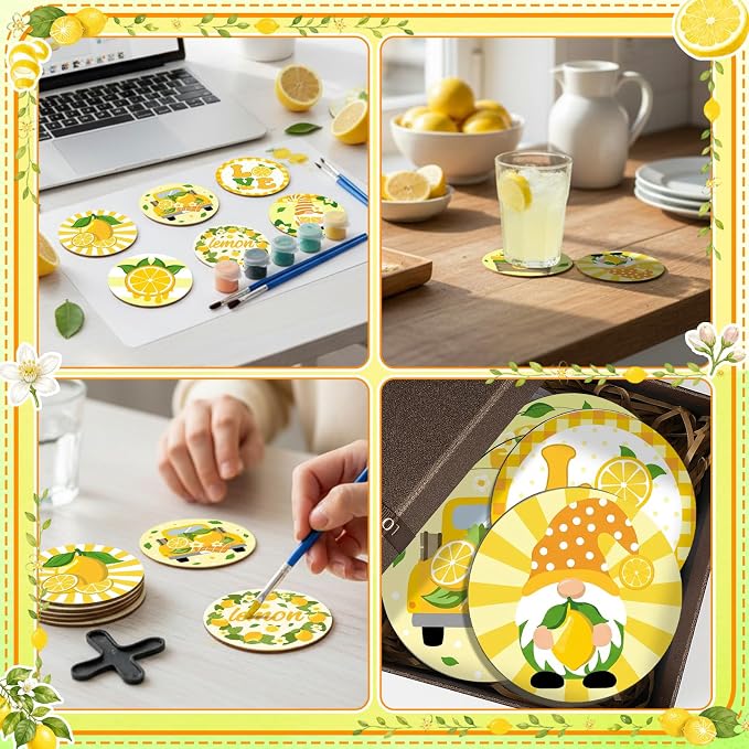 Reallnaive 8 Pcs Lemon Paint by Numbers Kit for Adults Wooden Coasters | Mini Paint by Numbers, Tiny Yellow Gnome Round Oil Painting Drink Coaster with Holder, for Small DIY Craft Birthday Gift
