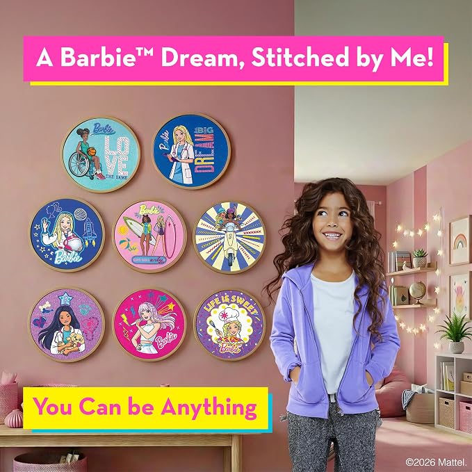 Barbie® Embroidery Kit for Kids Ages 8-12 - 8 Beginner Designs, 2 Hoops