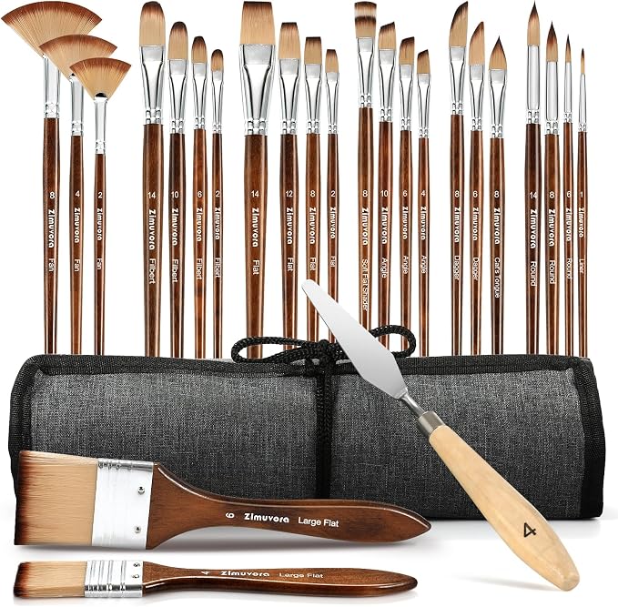 25pcs Paint Brush Set, Professional Paint Brush Set with Cloth Roll and Paint Spatula, Nylon Brushes for Acrylic Painting,Watercolor,Oil,Gouache, Art Supplies for Beginners and Artists (Wood)